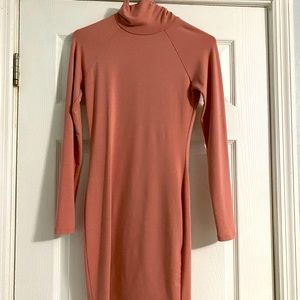 Small mauve/pink bodycon turtleneck dress.
